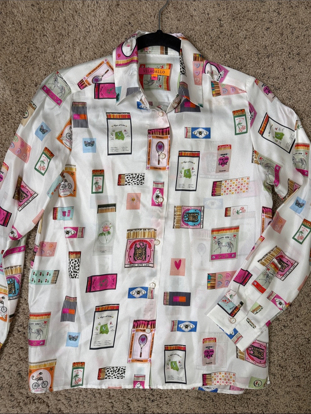 NWOT Vilagallo Elcectic White Shirt with Multicolor Matchbox Print XS/ 34